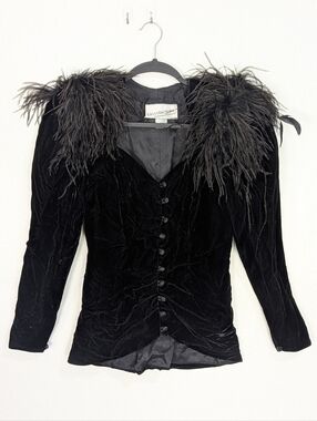 Vintage b.b. collections Dramatic Black Velvet & Ostrich Feather Jacket Size 6